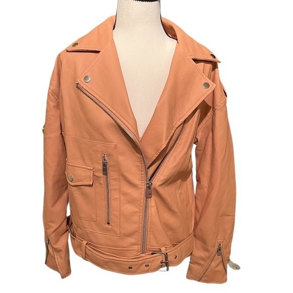 Missguided Jackets & Blazers - Misguided Faux Leather Jacket Blush Cream Pink Tan Zipper Zip Up Moto Coat 8